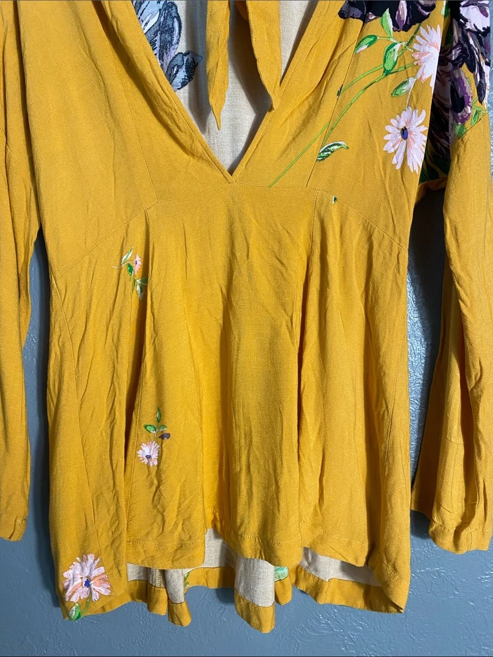 Free People Gemma Tunic Dress XS Mustard Floral Open Back Tie Boho Mini